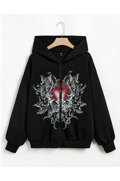 Equinox Gothic Heart Printed Oversize Zippered Black Unisex Hooded Cardigan