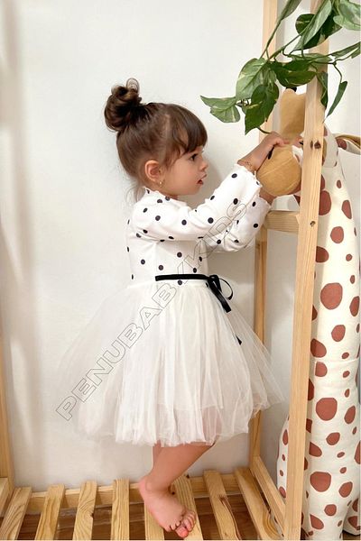 penu baby kids White Polka Dot Tutu Long Sleeve Baby Girl Dress - Emily