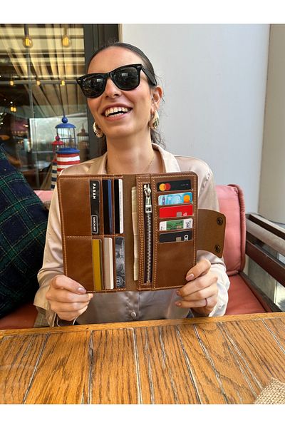 Leather Anatolia Genuine Leather Long Wallet / Long Wallet with Snap Fasteners / Portfolio Wallet / Tan-Black Pink Long Wallet