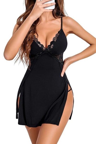 BeranikaJasmin Red Thin Straps Soft Tulle Two Side Slits Nightgown with Thong