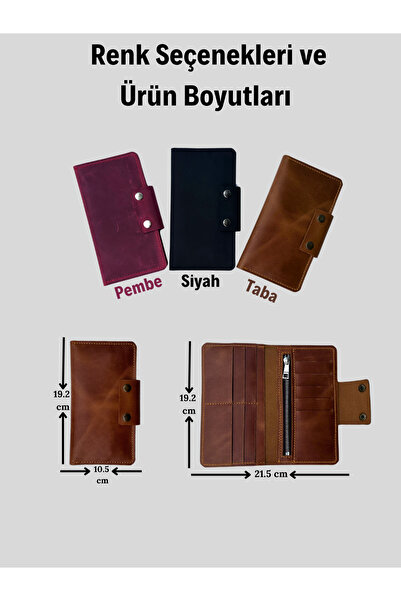 Leather Anatolia Hakiki Deri Uzun Cüzdan / Çıtçıtlı Uzun Cüzdan / Portföy Cüzdan / Taba-Siyah Pembe Uzun Cüzdan