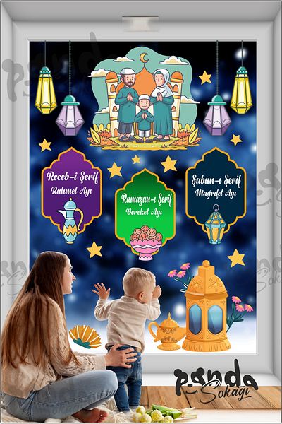 PANDA SOKAĞI Ramadan Bear Themed Glass Wall Ornaments Welcome Ramadan Sticker Set Ramadan Ornaments
