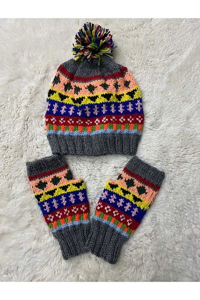 MESKSTORE Hand Knitted Beanie Gloves Set