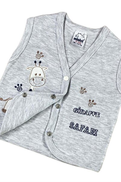 baby kids colors Baby Boy Giraffe Embroidered Organic Cotton 3-6-9 Months 2-Piece Combed Baby Vest - Gray