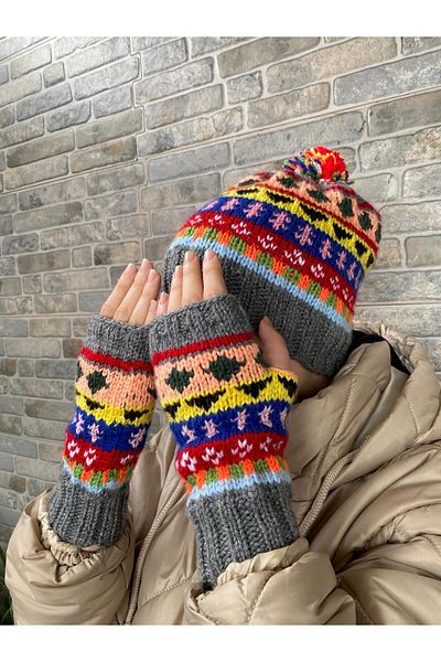 MESKSTORE Hand Knitted Beanie Gloves Set