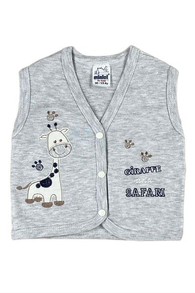 baby kids colors Baby Boy Giraffe Embroidered Organic Cotton 3-6-9 Months Combed Vest Gray