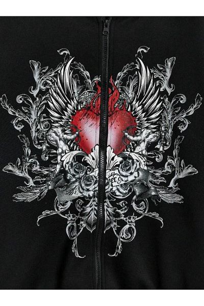 Touz Moda Gothic Heart Printed Oversize Zippered Black Unisex Hooded Cardigan