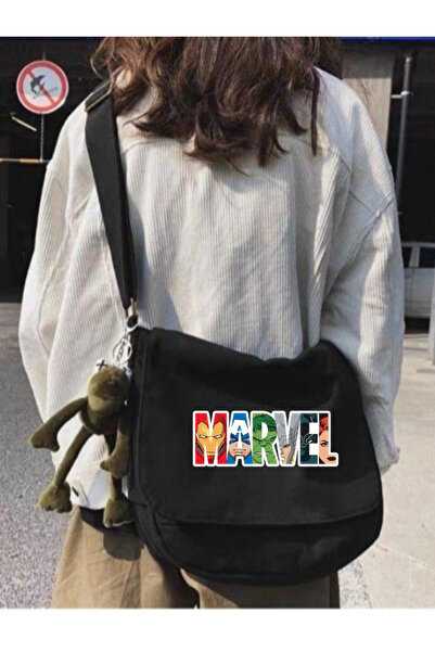 Violon Siyah Marvel Baskılı Unisex Askılı Postacı Çanta