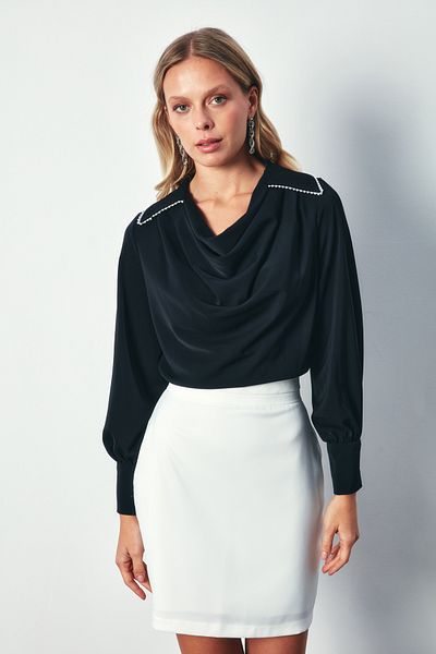 Sateen Bluză Degaje Perla Guler Loose - NEGRA