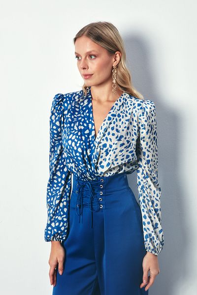Sateen بدلة منقوشة مزدوجة الصدر - ECRU-DARK BLUE