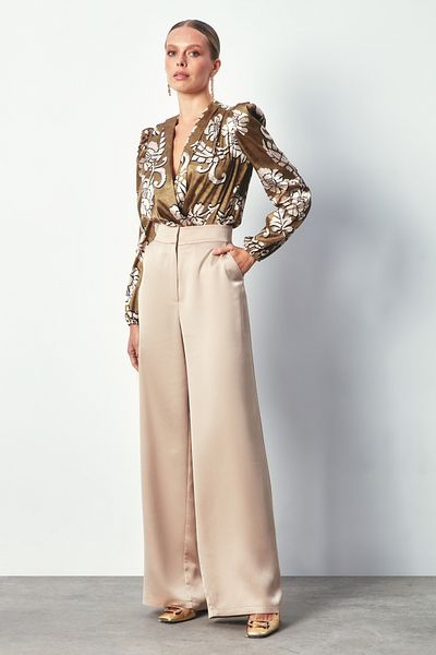 Sateen Patterned Bodysuit Blouse - KHAKI