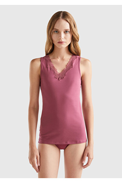 United Colors of Benetton Top de damă cu guler burgundă cu detaliu din dantelă