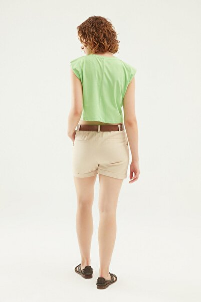Quzu Beige Double Leg Belted Cotton Shorts