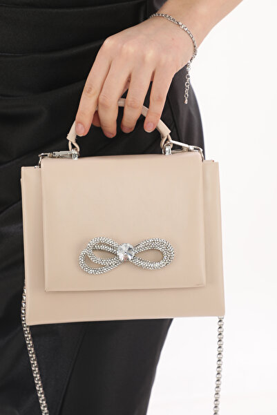 Piedra Beige Matte Color Stone Magnetic Covered Evening Dress Bag with Handbag and Hanger Width: 17.5 Cm Length: 14 Cm