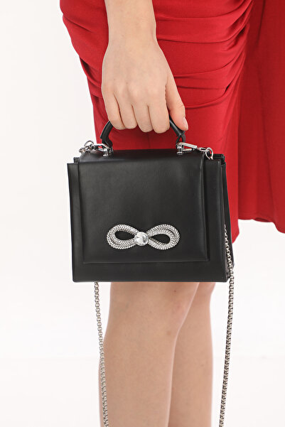 Piedra Black Matte Color Stone Magnetic Covered Evening Bag with Long Strap Width: 17.5 Cm Length: 14 Cm