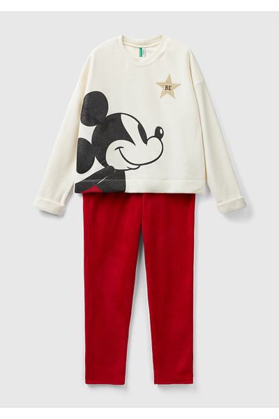 United Colors of Benetton Women's Cream Mickey Printed Fleece Pajama Set