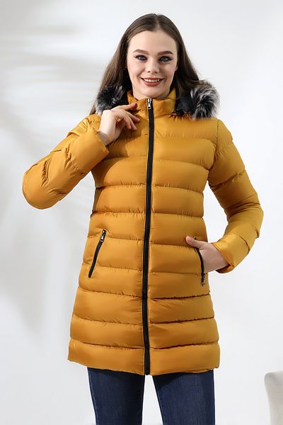 Talsmoda MUSTARD YELLOW COLOR HOODED ZIPPERED MICROJEL FILLED PLUSH WATER AND WIND PROOF COAT