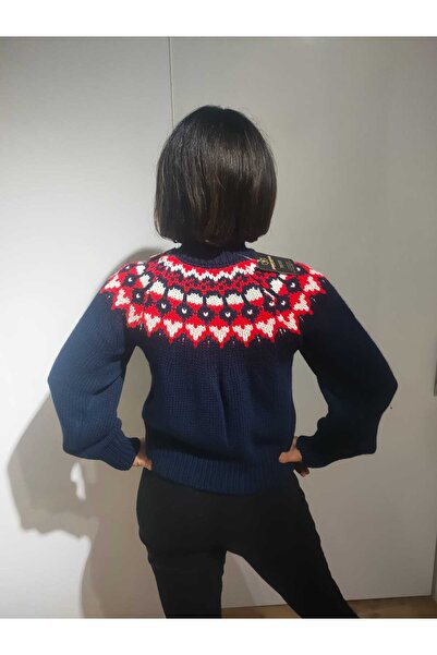 Qu Style KADIN DESENLİ LACİVERT KAZAK