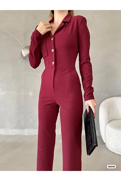 MsLena Butik Women's Button Detail Shirt Collar Long Sleeve Crepe Fabric Jumpsuit Claret Red