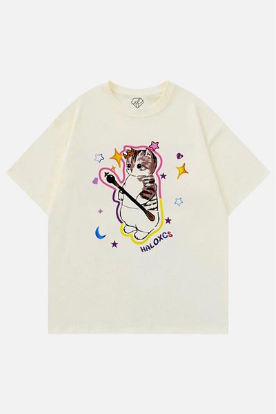 EFBUTİK Beige Unisex Y2K Streetwear Haloxcs Cat T-Shirt