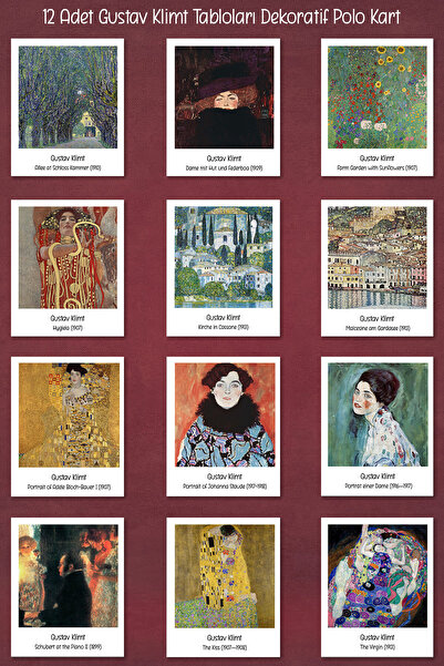 Runrux Gustav Klimt Tabloları 12 Adet Dekoratif Polo Kart - Sanatsal Poster K...