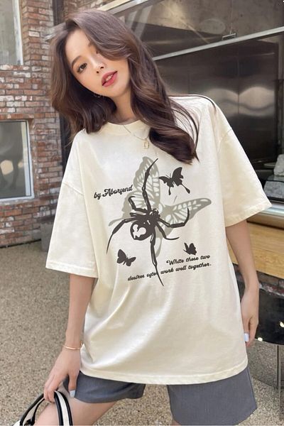EFBUTİK Beige Unisex Butterfly Spider Graphic Print T-Shirt
