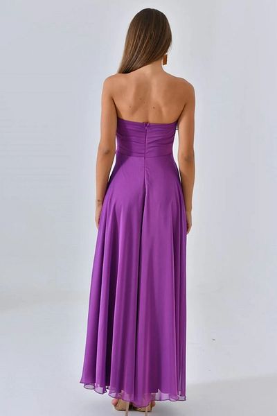 WOMAN VISION Rochie maxi mov pentru femei, din țesătură șifon, cu decolteu fără bretele, cu volan și cu fantă 9329
