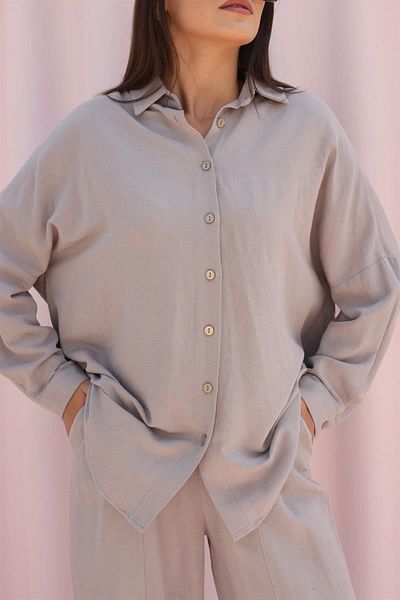 Laluvia Šedá plátěná košile oversize s nízkými rameny
