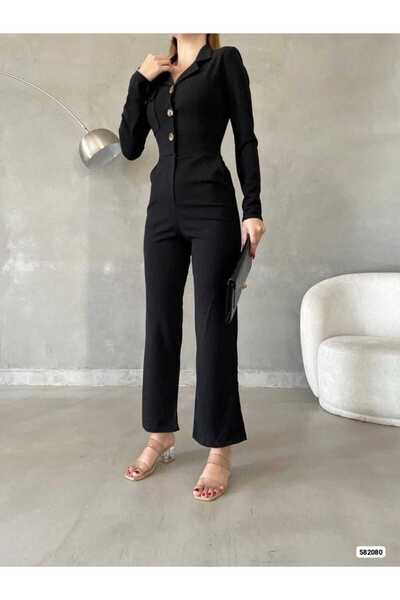 MsLena Butik Salopetă de damă cu guler de cămașă cu mânecă lungă din material creponat negru