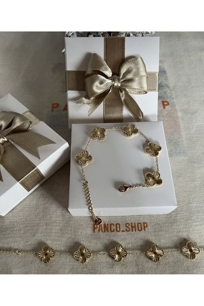 PANCO SHOP ACCESSORIES JEWELRY 18K Altın Kaplama Paslanmaz Çelik Kararmaz  Bileklik Kararmaz Çift Taraflı Yonca Bileklik