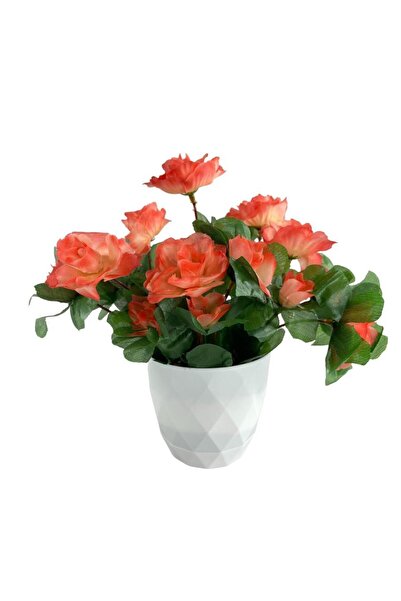 Nettenevime Yapay Çiçek Beyaz Saksıda Somon Açelya Dekoratif Masa Çiçeği