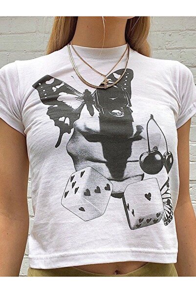 Gofeel Y2k Butterfly Dice Detail Half T-Shirt Crop