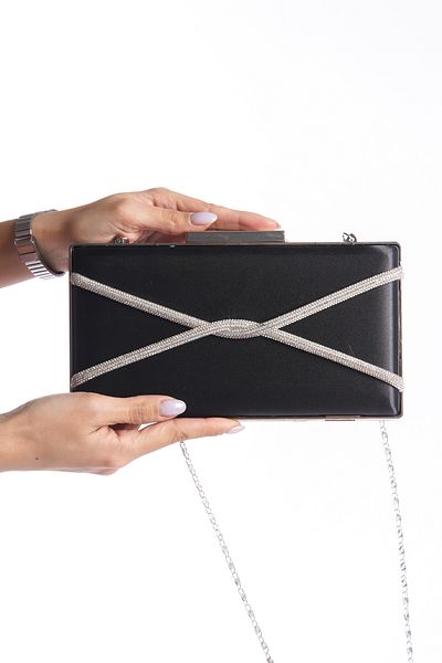 Moda Değirmeni Μαύρη σατέν γυναικεία βραδινή τσάντα φόρεμα Cross Stone BG1123-310-0002