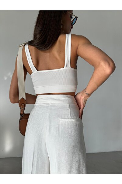 Laluvia Λευκό παντελόνι με φαρδύ πόδι με λεπτομέρεια - 3169