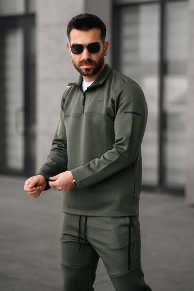 MADZEYMODA Men's Seasonal Scuba Fabric Reflective Detailed Half Zipper Khaki Green Bottom Top Set
