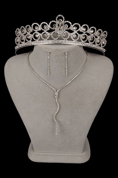 Hayalperest boncuk Venus Stylish Crystal Jewelled Wavy Evening Dress Set - Necklace and Earrings, Flower Bridal Crown