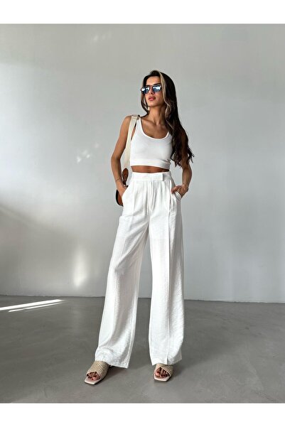 Laluvia Λευκό παντελόνι με φαρδύ πόδι με λεπτομέρεια - 3169