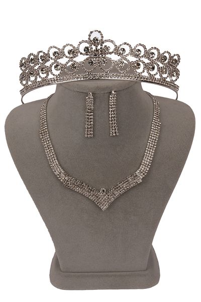 Hayalperest boncuk Vera Crystal Stone Evening Dress and Necklace Earring Set - Flower Patterned Bridal Crown