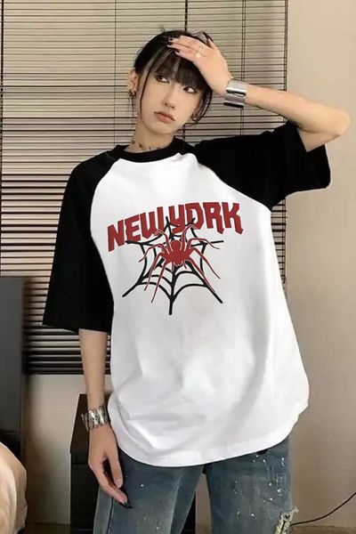EFBUTİK White Unisex Black Reglan New York Spider Web T-shirt