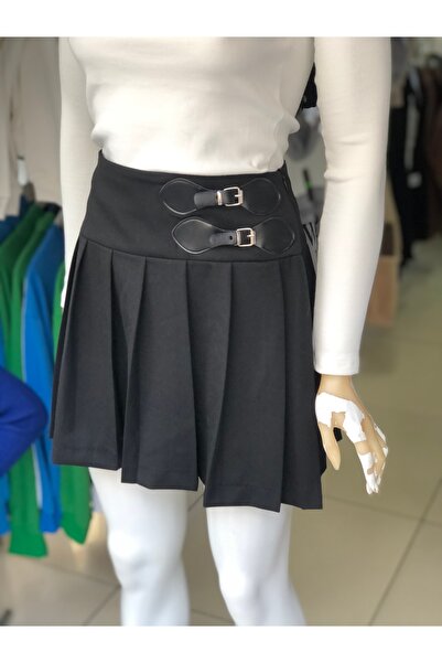 KAROL Black leather buckle Pleated mini skirt