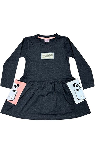 BY-GRİ LONG SLEEVE POCKETED PANDA PRINTED GIRL'S DRESS