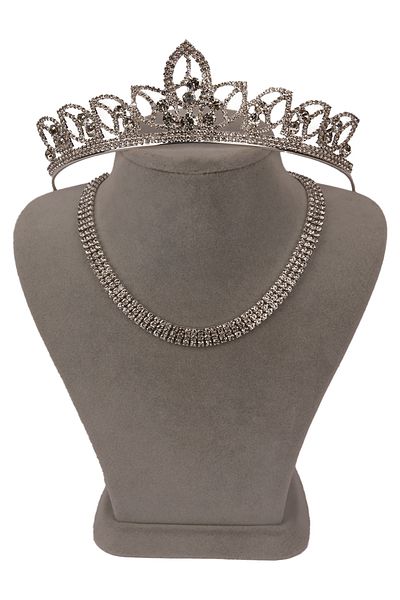Hayalperest boncuk 3 Rows Crystal Stoned Stylish Evening Dress Necklace and Bridal Crown - Thin Leaf
