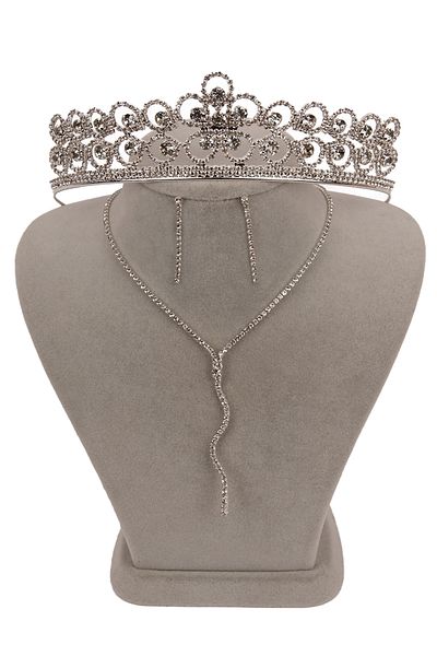 Hayalperest boncuk Venus Stylish Crystal Jewelled Wavy Evening Dress Set - Necklace and Earrings, Flower Bridal Crown