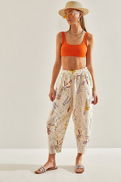 Bianco Lucci Women's Elastic Waist Pocket Patterned Linen Trousers60101057
