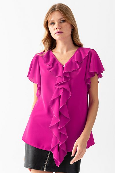EtkiModa Γυναικεία Φούξια Μπλούζα βραδινό φόρεμα με γιακά και μανίκια με κουμπιά μπροστά