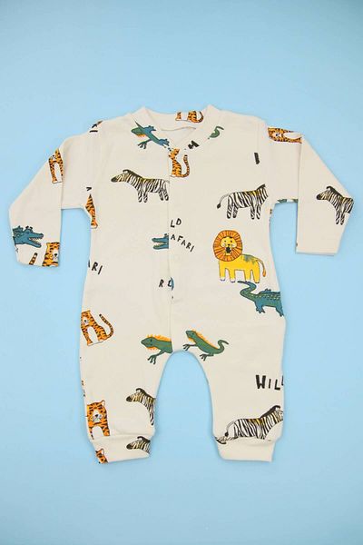 Lindakids Safari Lion Patterned Beige 100% Cotton Baby Boy Jumpsuit with Cuffs (No Booties)