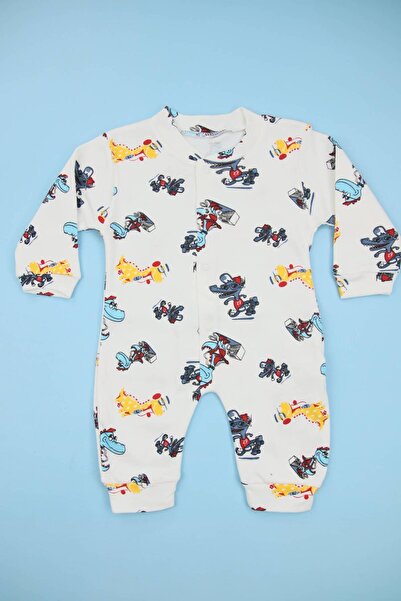 Lindakids Timsah Desenli Beyaz %100 Pamuk Manşetli (Patiksiz) Erkek Bebek Tulum