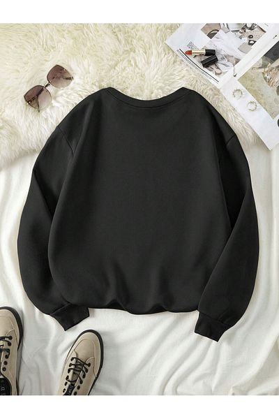 BEETON X Heart Thick Winter Sweatshirt - Black Printed Oversize Crew Neck