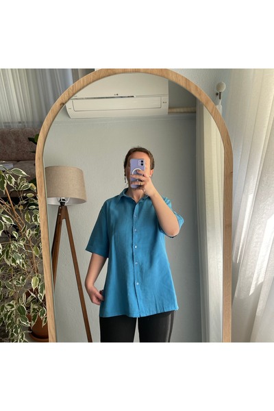 Butik Modal Kumaş -kısa Kollu Gömlek - Mavi