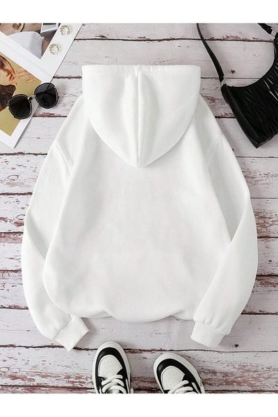 BEETON Sun Pattern 2 Thread Corded Thick Winter Sweatshirt - White Printed Oversize Hooded Hoodie